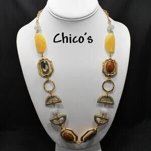 Chico’s Hammered Gold Link Necklace Faux Stones Enamel 29” Statement Jewelry